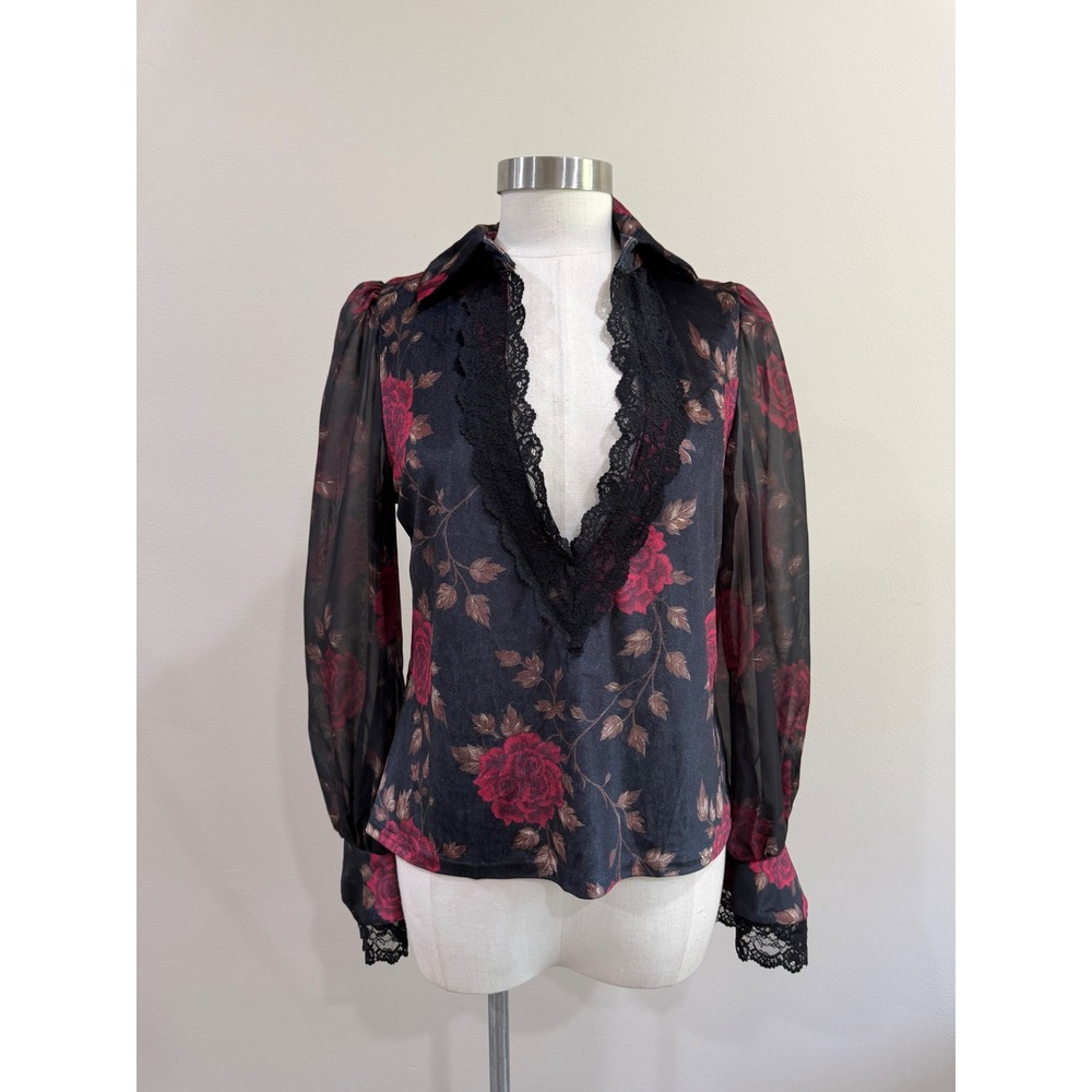 Whimsical Vamp Rose Floral Lace Trim V-Neck Blouse Sheer Sleeve Red Black XL